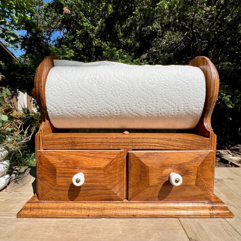 Vintage Wood Countertop Paper Towel Holder w/ 2 Drawers